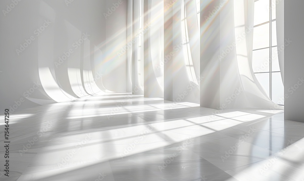 White room with diagonal white rays of sun, reflections and refractions, neutral white background White room with diagonal white rays of sun, reflections and refractions, neutral white background