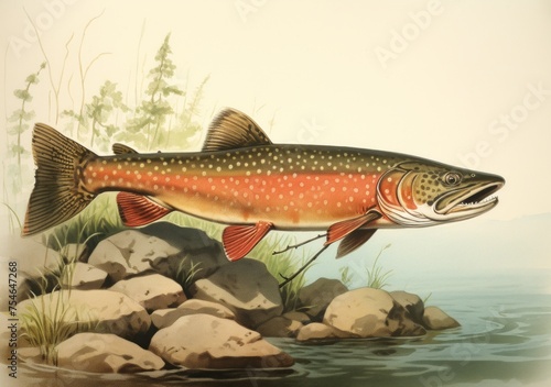 Portrait of a beautiful rainbow trout on the rocks beside the river.