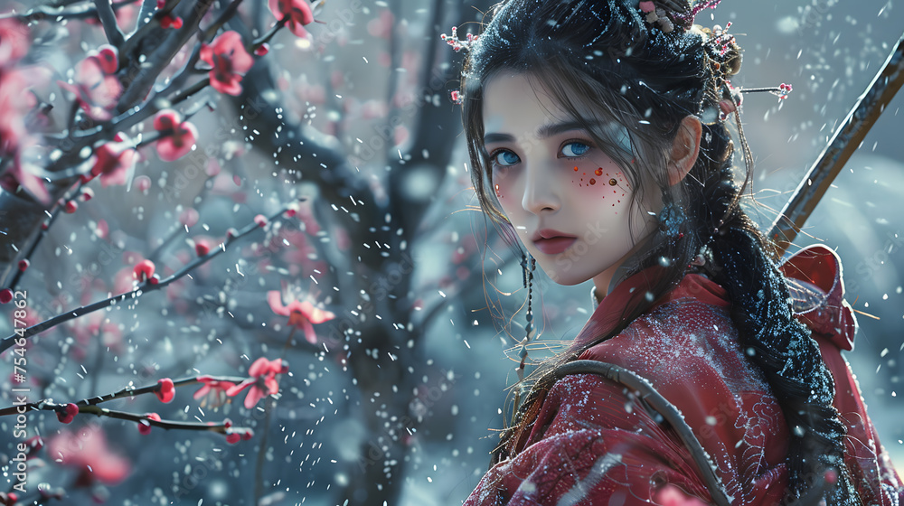 In the snow, an ancient Chinese beauty in red Hanfu stands under plum ...