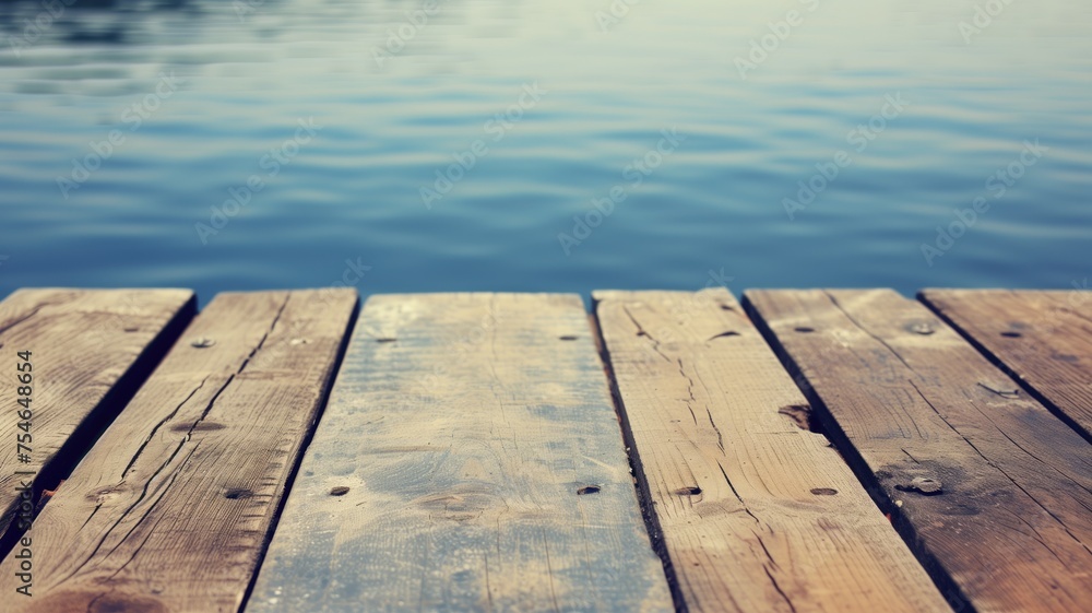 Wooden planks of a dock lead the eye to peaceful blue waters