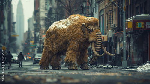 Woolly mammoth walking on streets of modern city photo