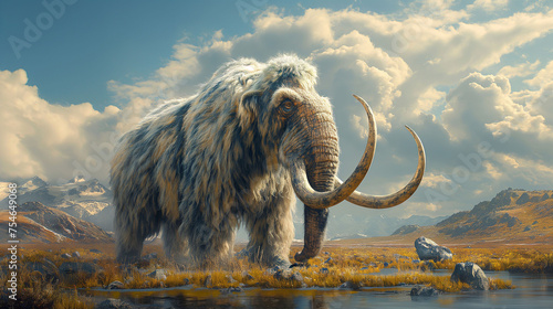 Woolly mammoth in a prehistoric landscape photo