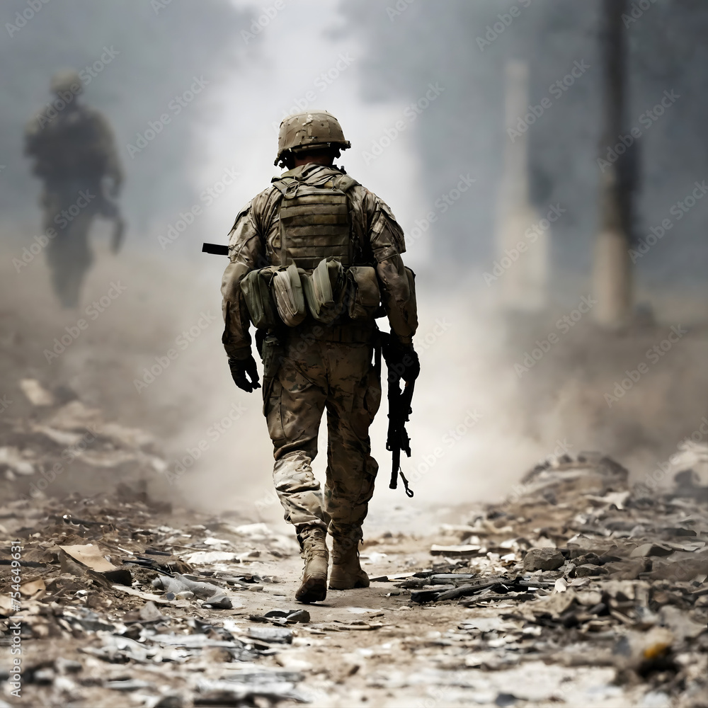 Soldier alone exhausted and injured walking Soldier alone exhausted and injured walking