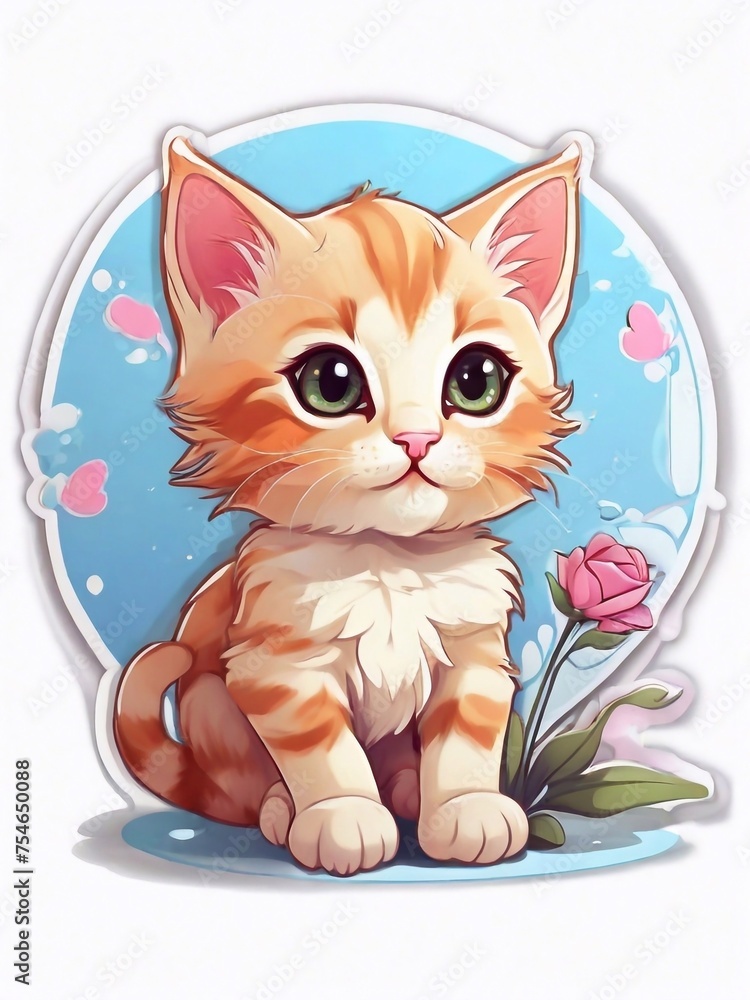 Sticker of a cute kawaii cartoon kitten character. Stickers of cute cartoon animal cat characters. Cute cat sticker art	