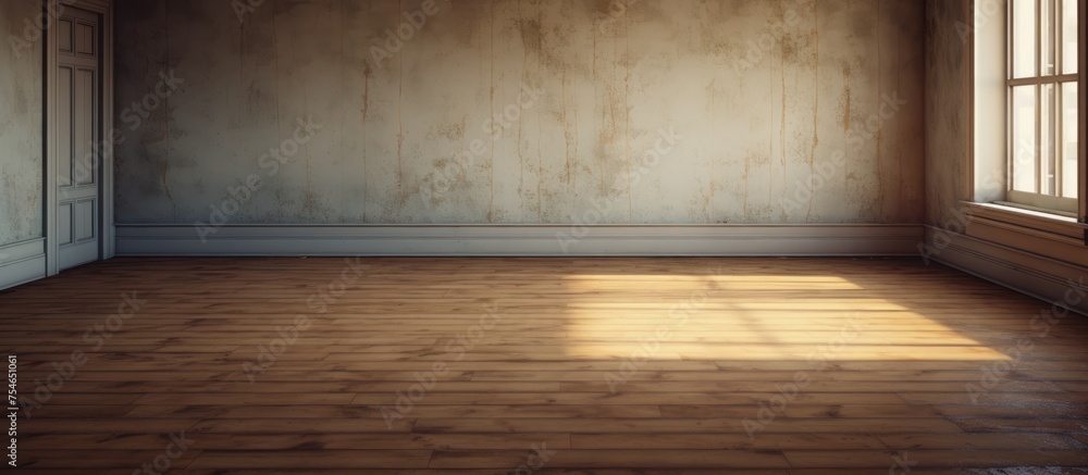 An empty room with a wooden floor and a window. The room is devoid of furniture and decoration, emphasizing the simplicity of the space. Sunlight filters through the window, casting a soft glow on the An empty room with a wooden floor and a window. The room is devoid of furniture and decoration, emphasizing the simplicity of the space. Sunlight filters through the window, casting a soft glow on the