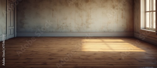 An empty room with a wooden floor and a window. The room is devoid of furniture and decoration  emphasizing the simplicity of the space. Sunlight filters through the window  casting a soft glow on the