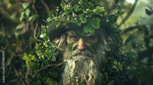 Portrait of mystical leprechaun character surrounded by nature and vegetation 