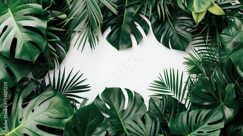 A variety of tropical leaves creating a frame on a white background