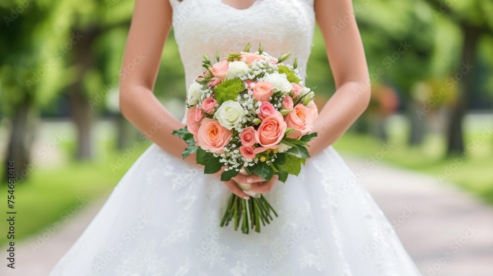 Bride holding a vibrant bouquet of flowers on her wedding day. Bride holding a vibrant bouquet of flowers on her wedding day.