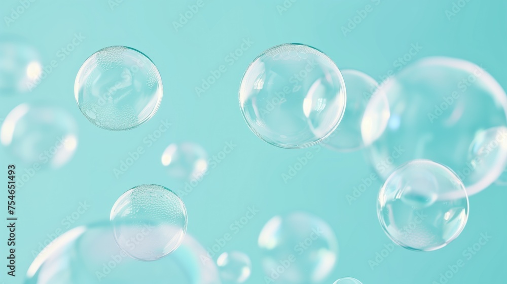 Transparent bubbles float serenely on an aqua background, creating a dreamlike atmosphere