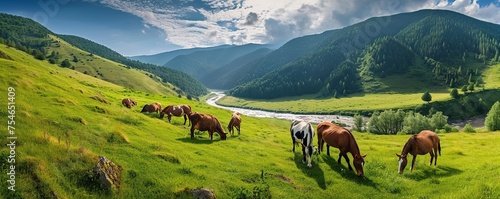 view of a wide green meadow with horses eating grass