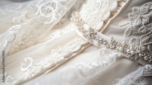 Intricate lace and beadwork on a luxurious bridal gown