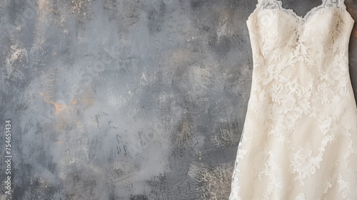 Elegant wedding dress on a textured gray backdrop