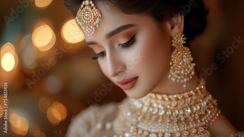 A young woman adorned in traditional bridal jewelry