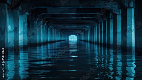 Underneath a pier, blue tones reflecting on water
