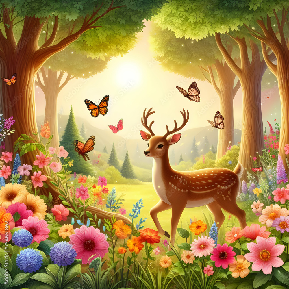 Obraz premium deer in the forest, deer, animal, Christmas, nature, Forest, illustration, Ai generated 