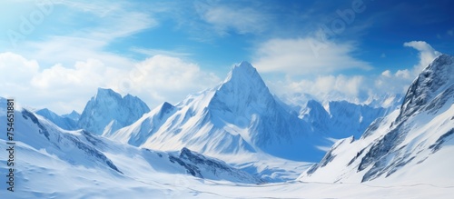 This painting depicts a snowy mountain range in the French Alps. The peaks are covered in fresh snow, creating a beautiful winter landscape under a sunny sky.