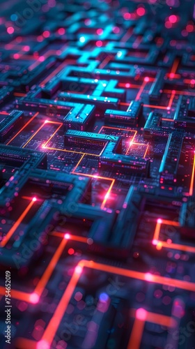 An intricate neon lit maze symbolizing network defense against malicious intrusions