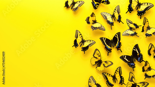 Vibrant yellow background with a swarm of various black and yellow butterflies