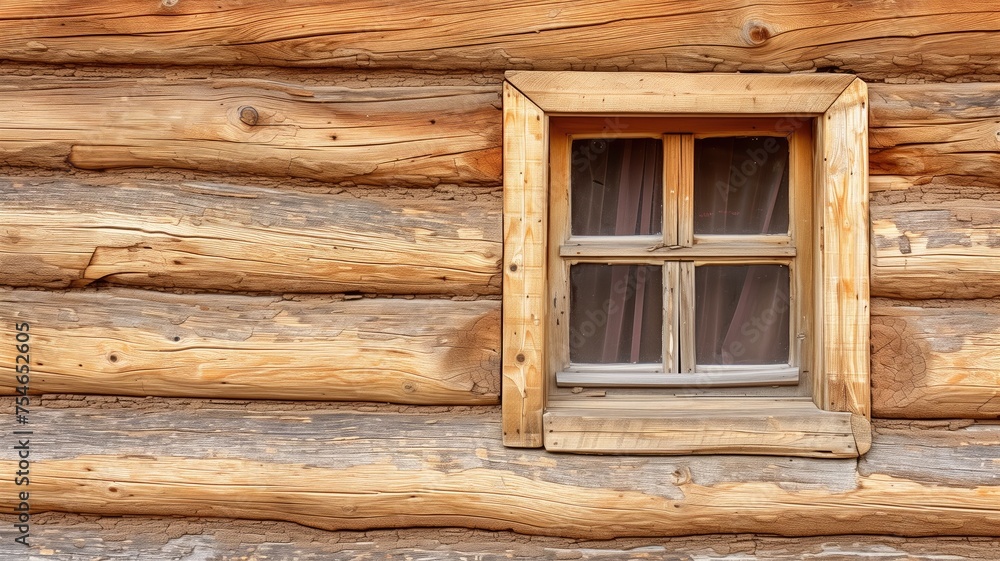 Rustic wooden cabin wall with a single small window, textured background Rustic wooden cabin wall with a single small window, textured background