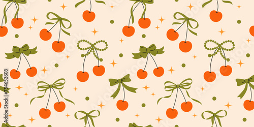 Seamless groovy pattern with cherries and bows. Hand drawn vector illustration. Cartoon style trendy romantic background. Coquette core cute design.