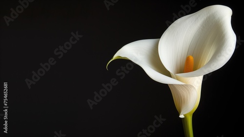Graceful white calla lily with a bright yellow spadix on black