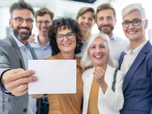 group of business people holding a blank sign. Add your own text.
