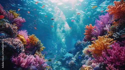 Underwater Exploration, Fascinating underwater scenes showcasing diverse marine life, coral reefs, and underwater landscapes © Chom