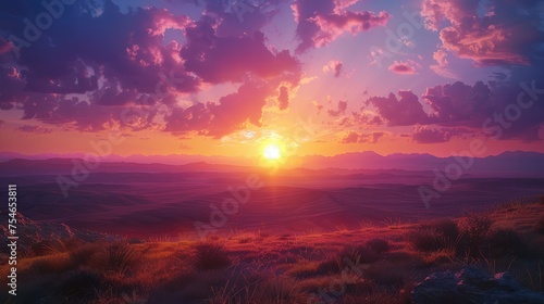 Spectacular views of sunrise or sunset illuminating landscapes with warm hues of orange, pink, and purple, casting magical light over mountains, plains, or seascapes