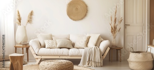Cozy bohemian living room interior with plush cushions on a white sofa, textured throws, and natural accents like a woven pouf and dried pampas grass creating a warm, inviting atmosphere.