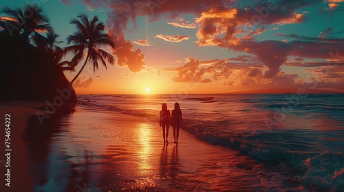 Beach Sunset, Romantic and mesmerizing scenes of colorful sunsets casting a warm glow over beach landscapes, palm trees, and silhouettes of people enjoying the tranquil evening atmosphere © Chom