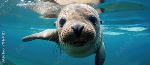 A young California sea lion, Zalophus californianus, is swimming gracefully in the clear blue water. The sea lion appears to be playful, with a slight smile and avoiding eye contact with the camera. photo