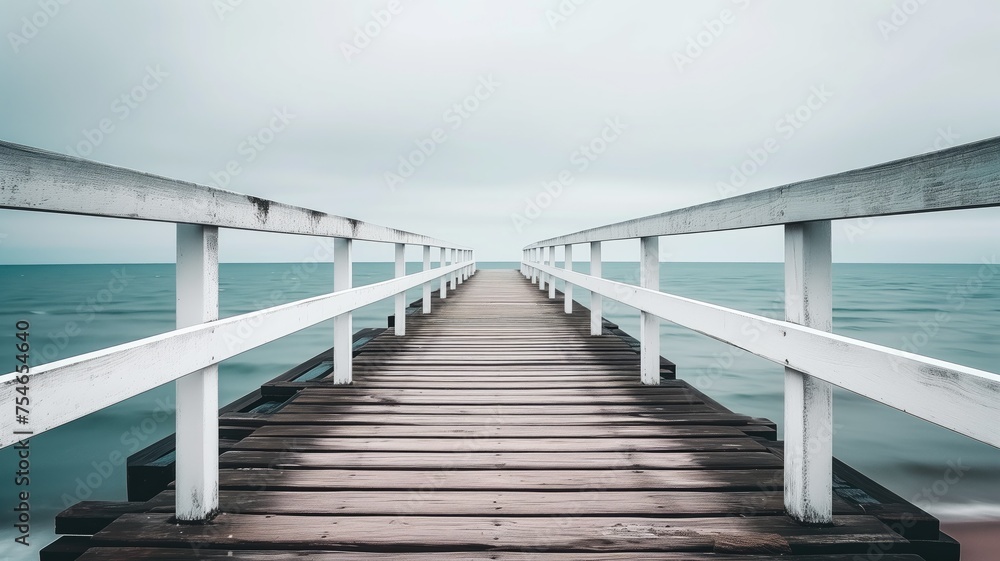 Serene wooden pier extending into a calm sea under cloudy skies