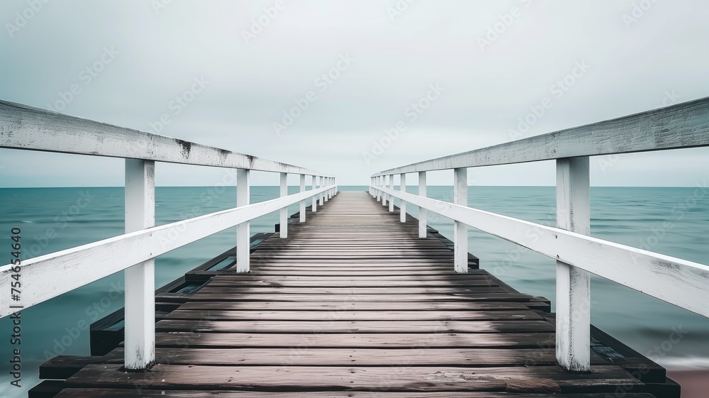 Serene wooden pier extending into a calm sea under cloudy skies Serene wooden pier extending into a calm sea under cloudy skies