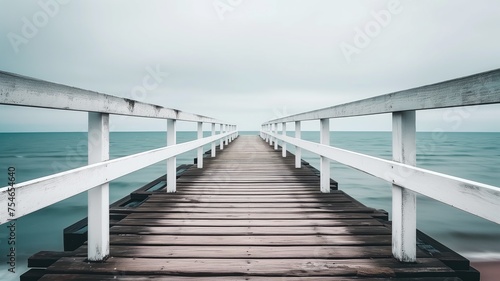 Serene wooden pier extending into a calm sea under cloudy skies