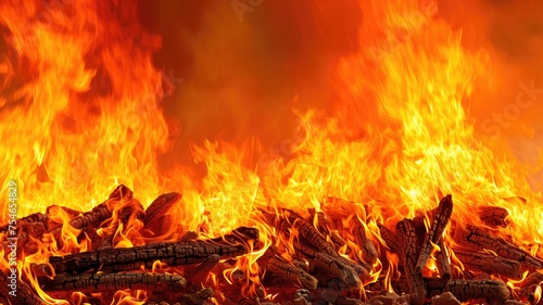 Intense firewood flames, full-frame fiery background