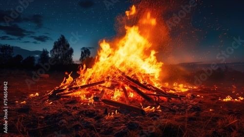 Majestic bonfire at night under starry sky