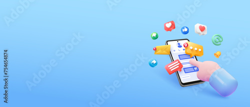 Hands using smartphone with social media chat illustration photo