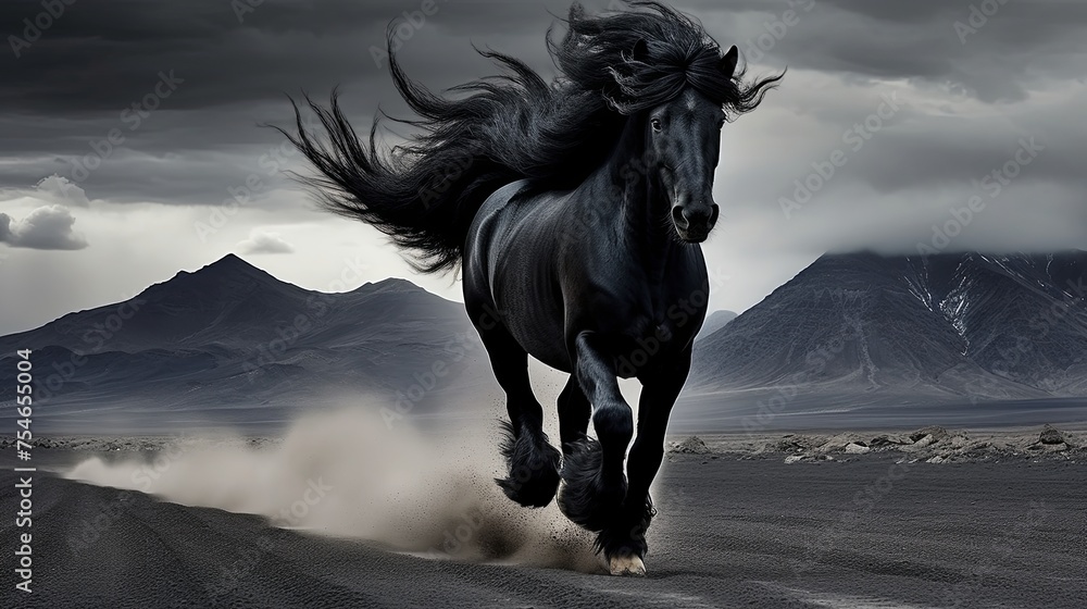 Mountain Gallop: Beautiful Black Clydesdale Racing Along Dusty Road Mountain Gallop: Beautiful Black Clydesdale Racing Along Dusty Road