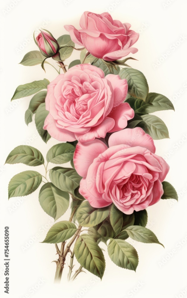 Pink roses on the branch with green leaves with white background