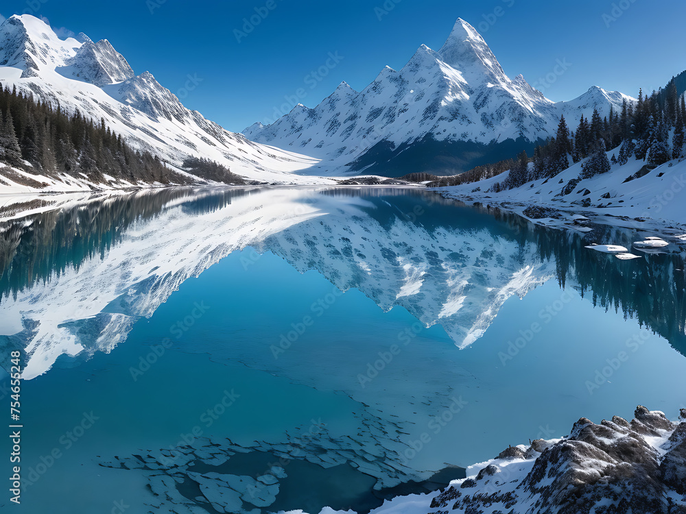 A panoramic view of snow-capped mountains reflected in a crystal-clear alpine lake.