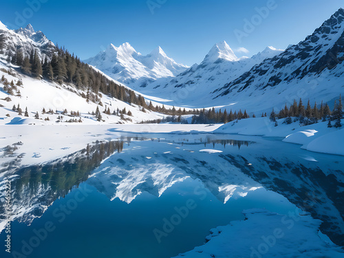 A panoramic view of snow-capped mountains reflected in a crystal-clear alpine lake.