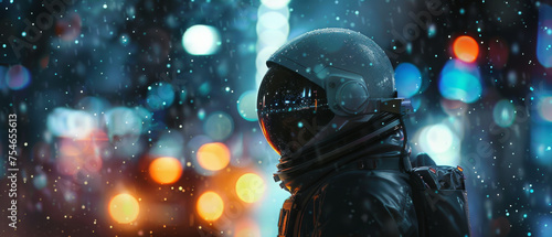 spaceman standing in the city raining heavy © EmmaStock