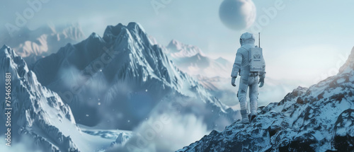 spaceman walking on the mountains snow heavy photo