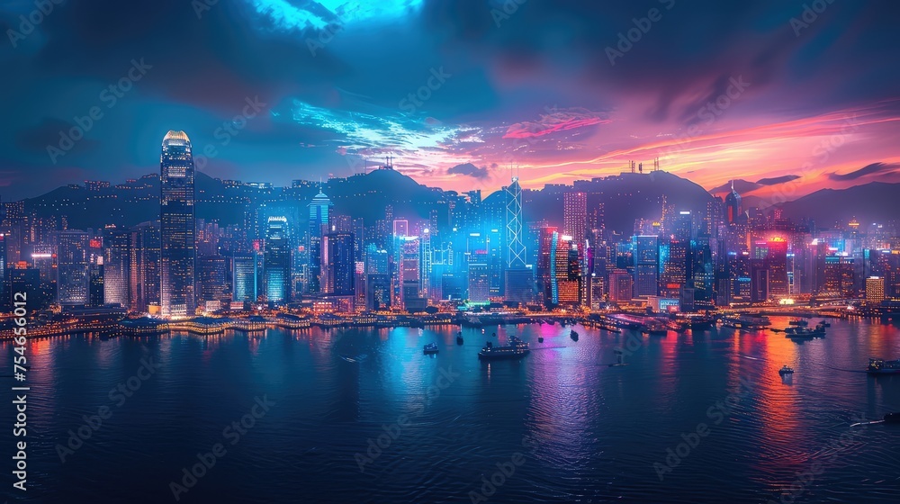Fototapeta premium Urban Skyline, Striking images showcasing the skyline of major cities with iconic landmarks, skyscrapers, and city lights illuminating the night sky