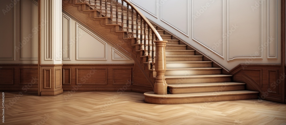 A room with wooden floors is shown empty, featuring a staircase with a skirting board. The space appears devoid of furniture or occupants, showcasing the staircases design and the natural wood finish A room with wooden floors is shown empty, featuring a staircase with a skirting board. The space appears devoid of furniture or occupants, showcasing the staircases design and the natural wood finish