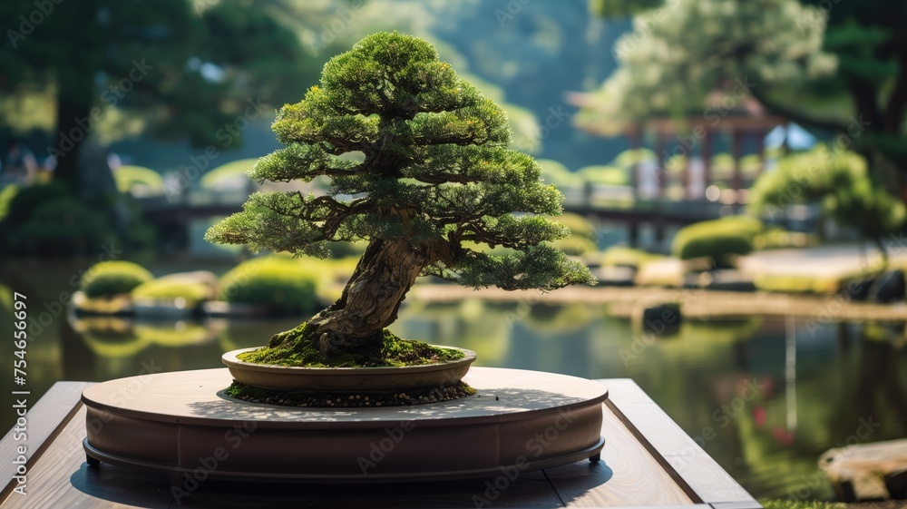 Elegant bonsai tree in a tranquil Japanese garden setting Elegant bonsai tree in a tranquil Japanese garden setting
