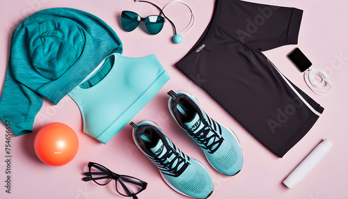 Isolated shot of variety of lady sportswear, flat lays, product photography,