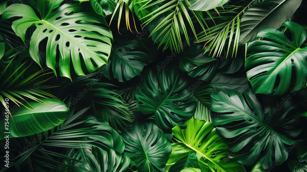 Dense tropical greenery of Monstera leaves creating a vibrant pattern