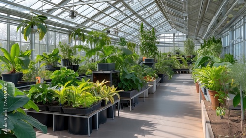 Greenhouse interior with diverse plant collection, sunny
